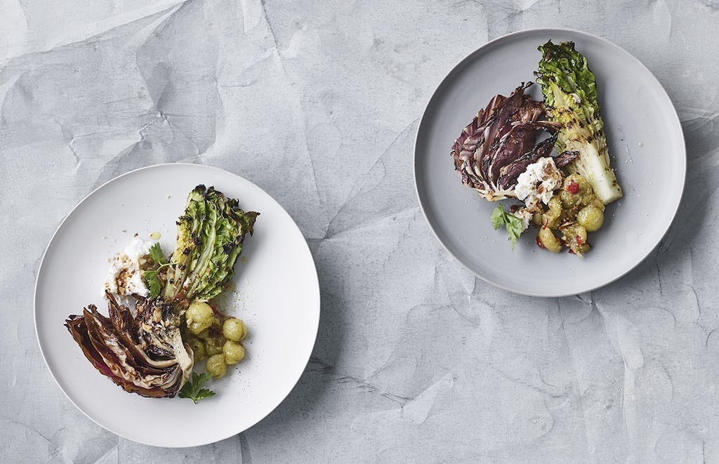 Stikkelsbærkompot med grillet salat og gedeost