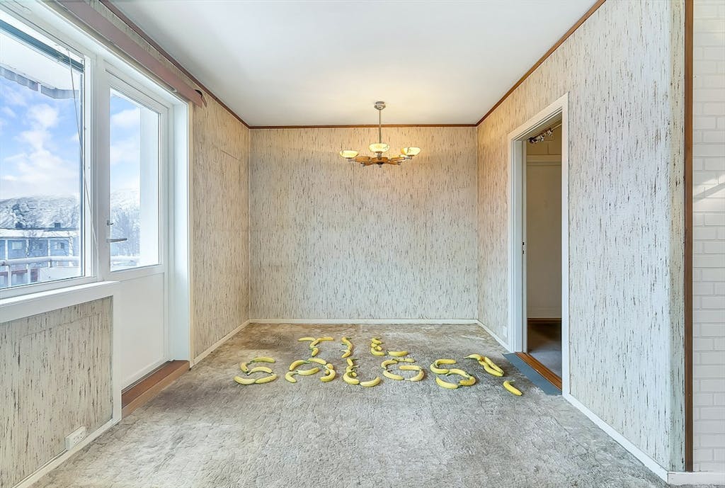 "TIL SALGS!" står der på norsk med banan-bogstaver.