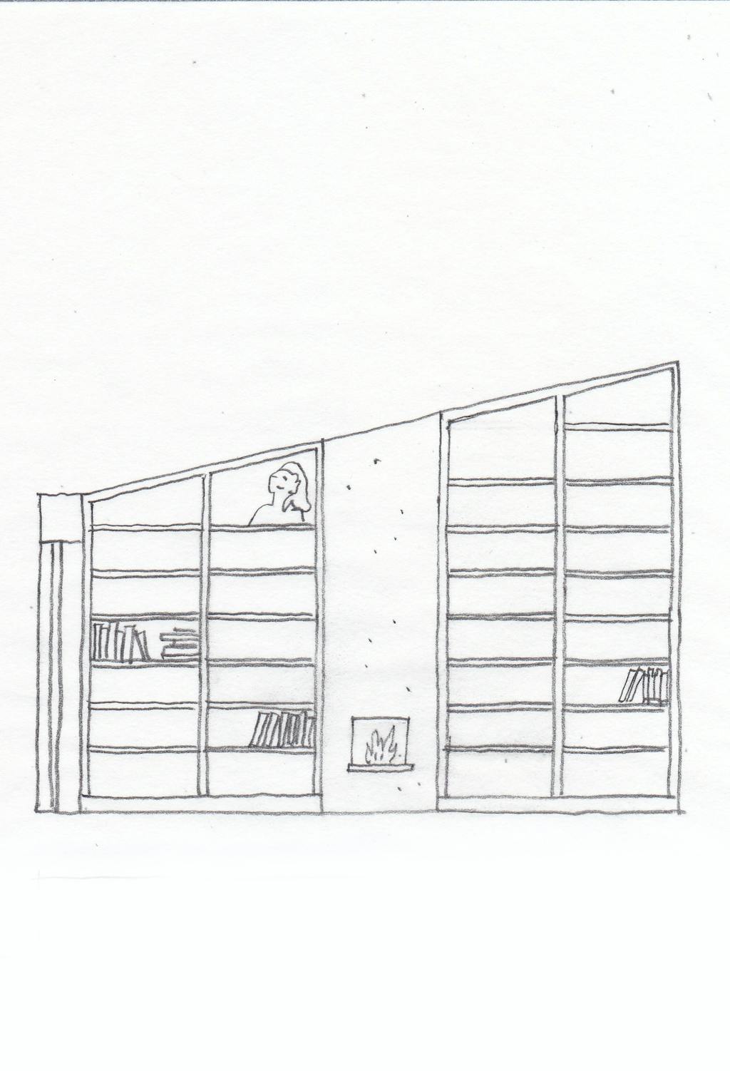 Endevæggen med den nye reol.