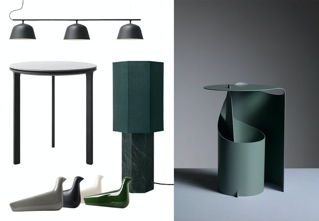 Lamper fra Muuto, sidebord fra Vipp, lampe fra Louise Roe, fugle-figurer og grønt kaffebord