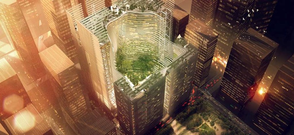 Marina One set ovenfra om aftenen