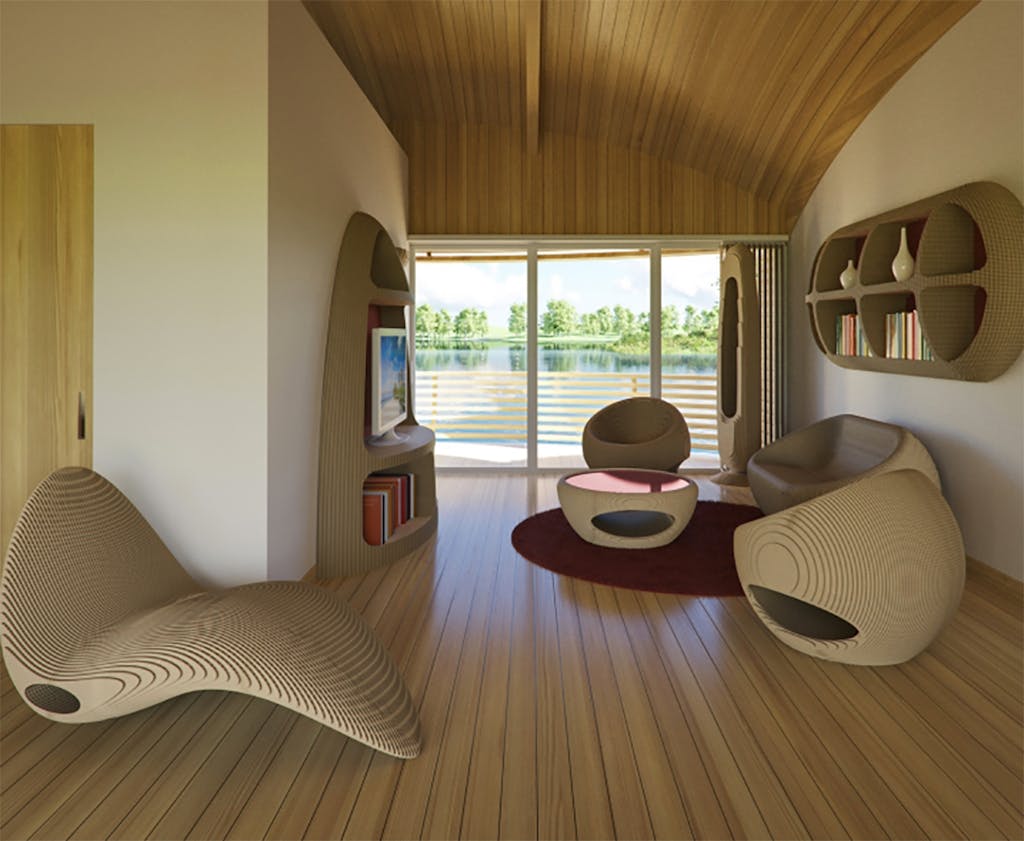 EcoFloLife stue i åben forbindelse med spisestuen