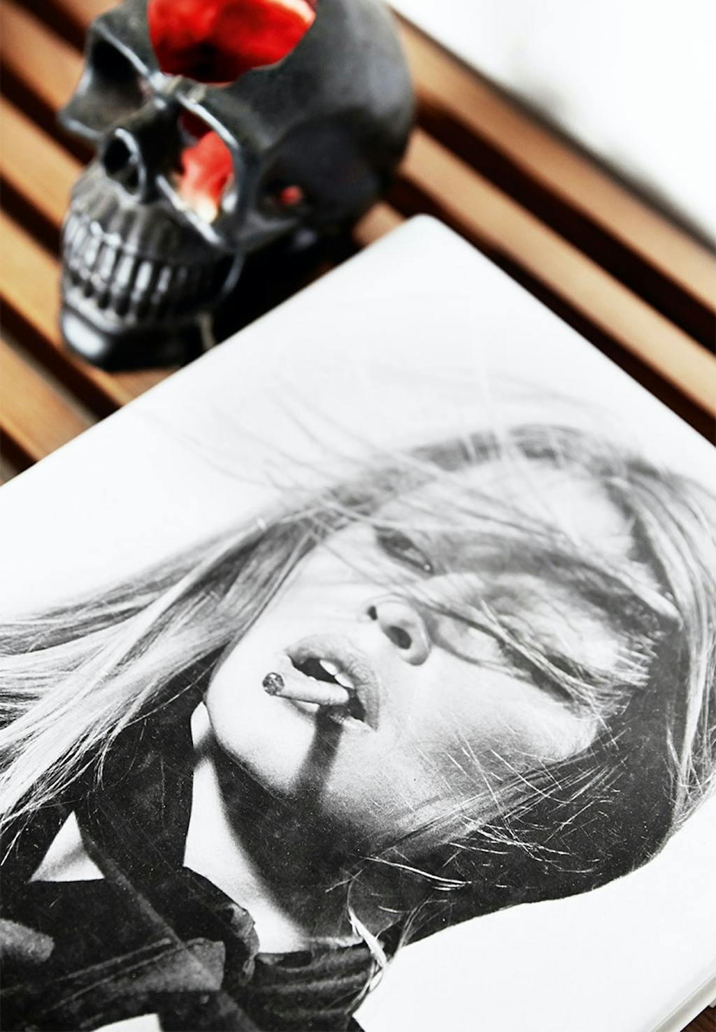 Portræt-fotografi liggende ved siden af et sort kranie