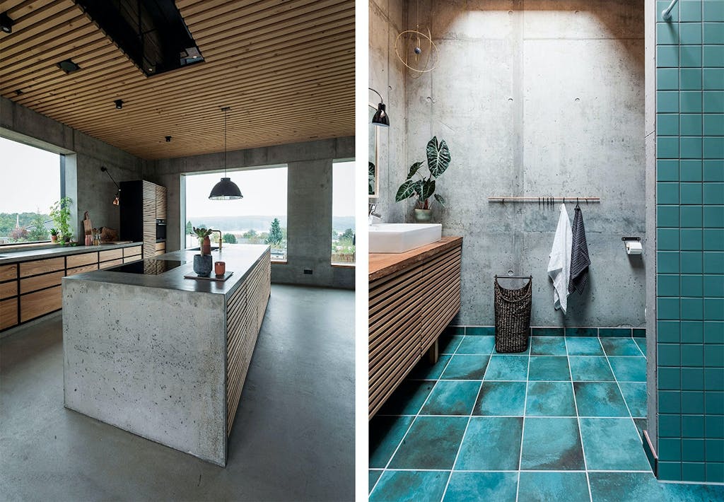 betonhus køkken træ badeværelse turkise klinker