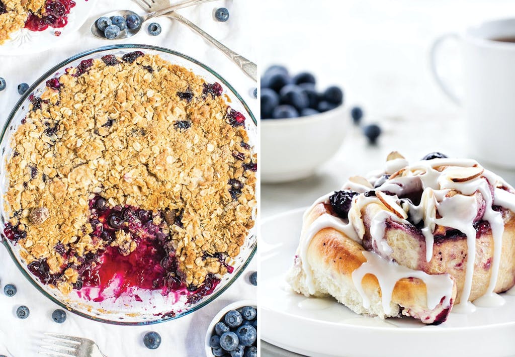 Pandekager, vafler, muffins, kager og is med blåbær