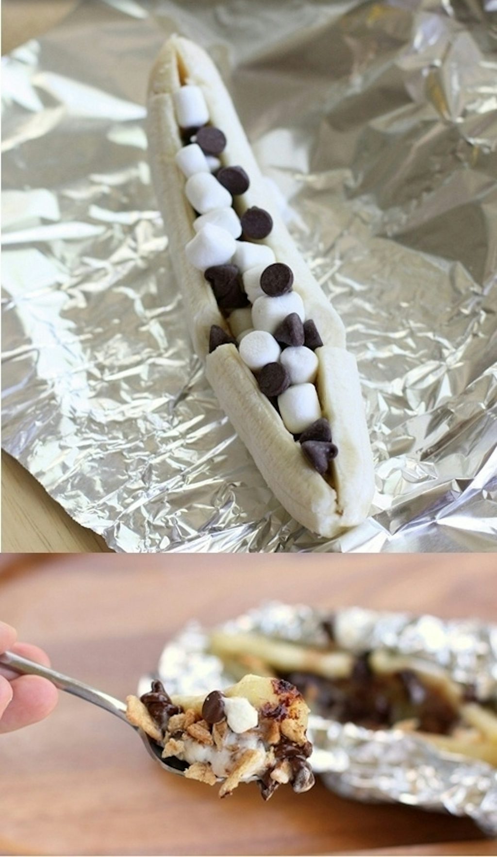Bananbåde med chokolade og skumfiduser Bananbåde med chokolade og skumfiduser