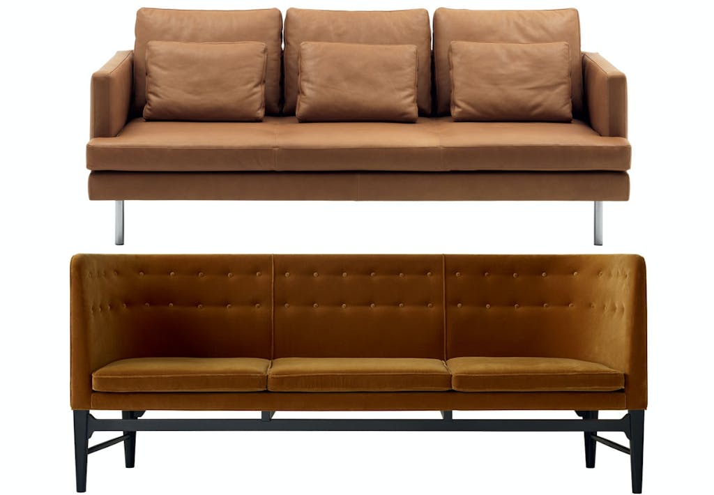 Smuk sofa i okkerfarvet velour Smuk sofa i okkerfarvet velour