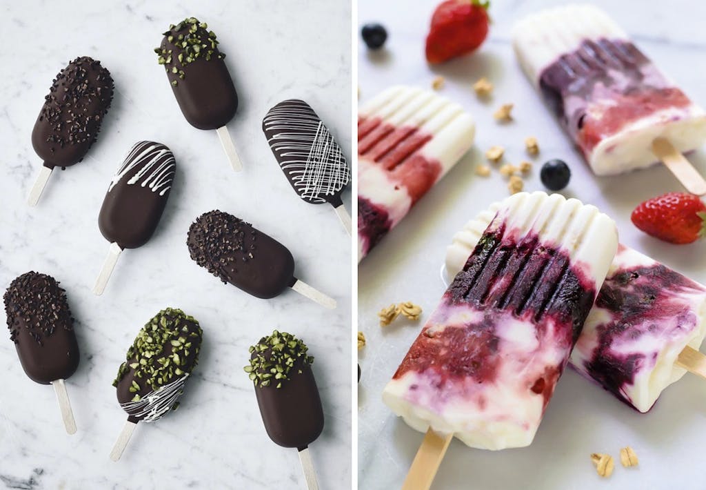 10 hjemmelavede ispinde med vanilje, chokolade, bær, banan. 