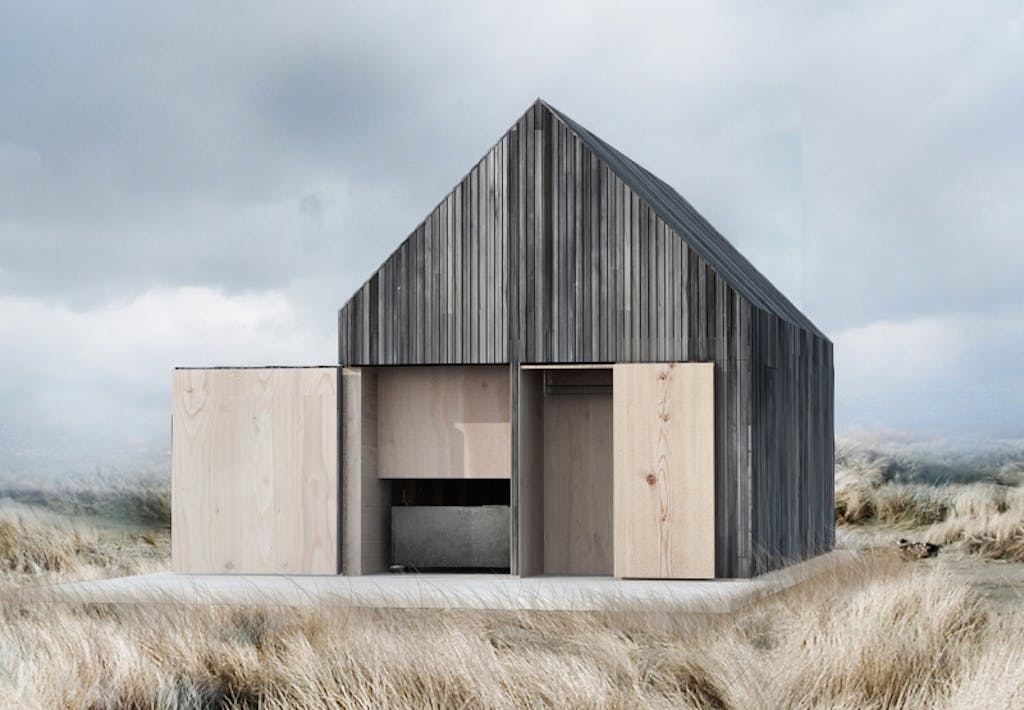 Bådehus af cedertræ tegnet af WE Architecture. Ligger ved Svallerup Strand. 