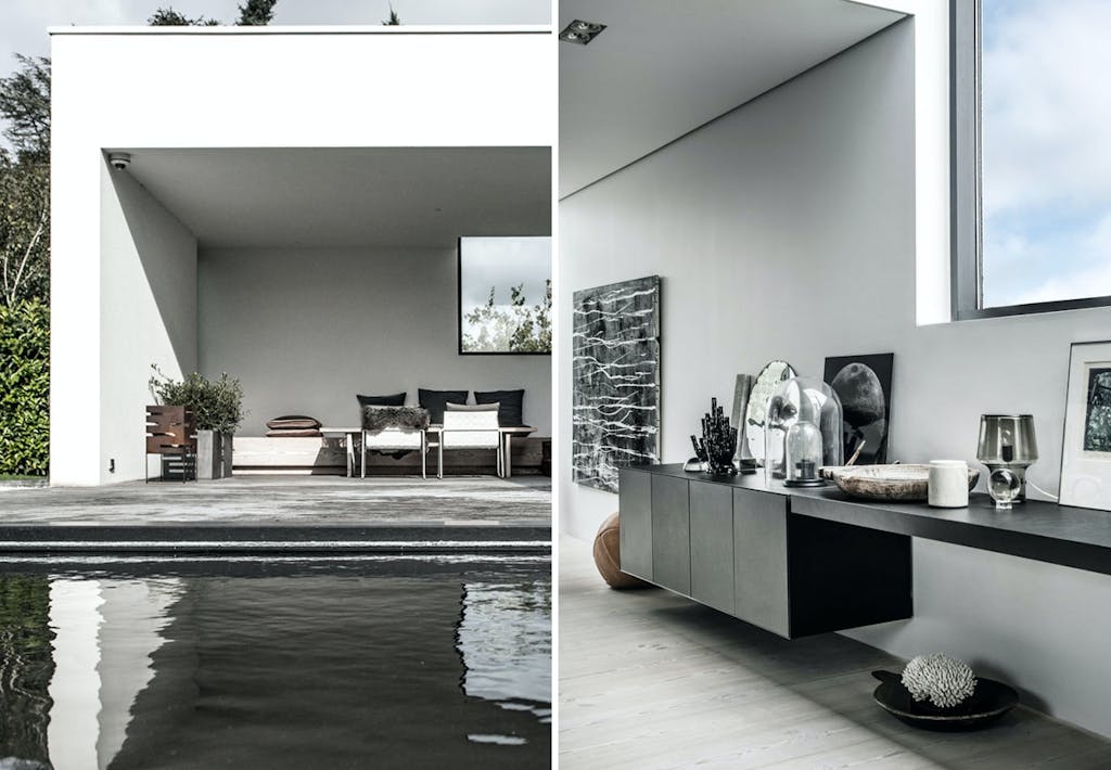 Rå og moderne betonhus i Risskov med stor overdækket terrasse. 