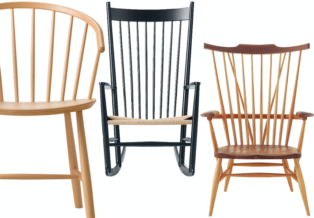 Pindestole som lænestole, gyngestol og spisebordsstole.