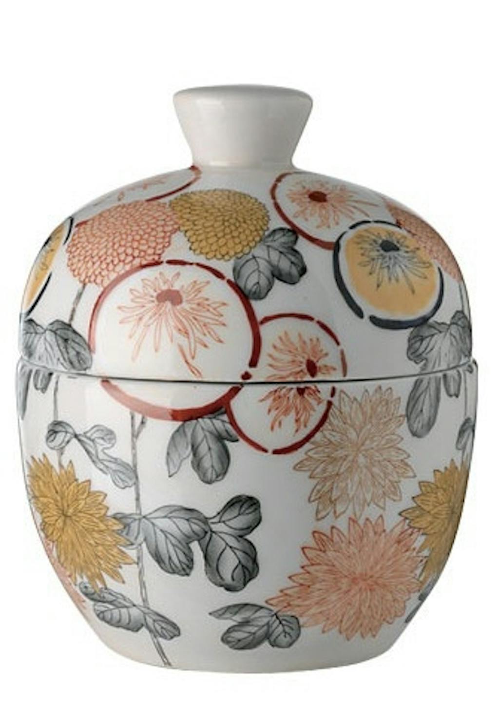 Dekoreret, buttet lågkrukke