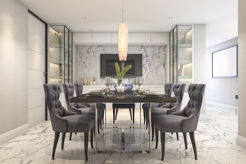 3d rendering blue dining set in modern luxury dining room near door