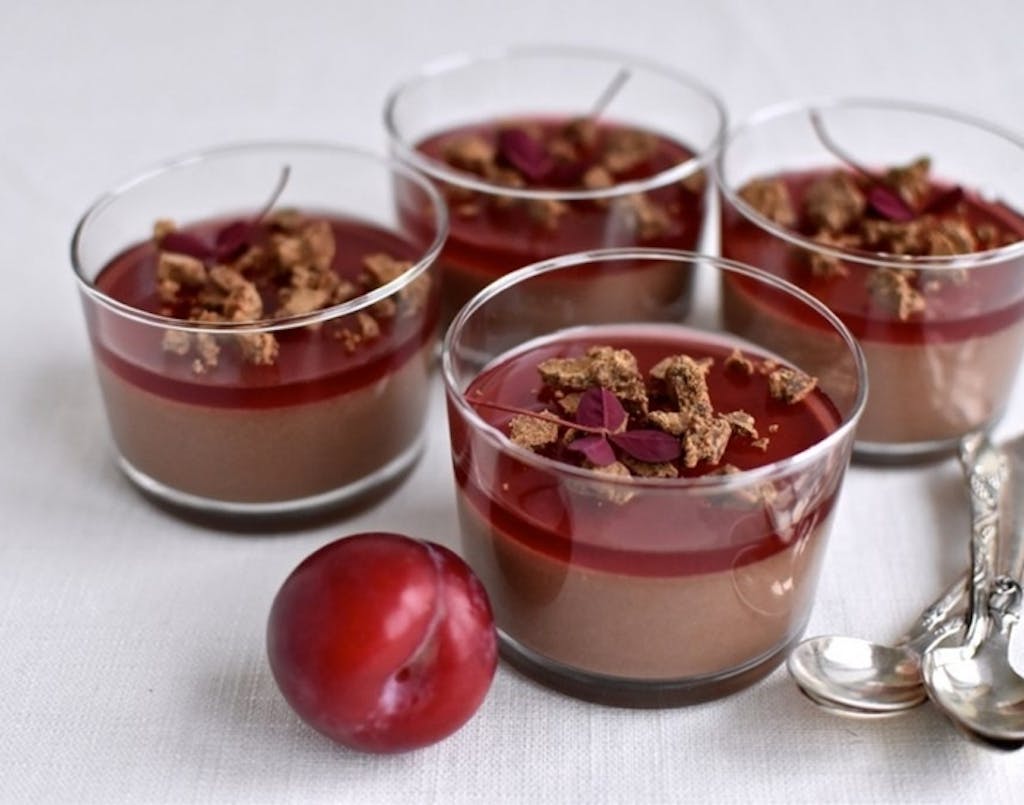 Chokolade panna cotta med blommer og hvid chokolade