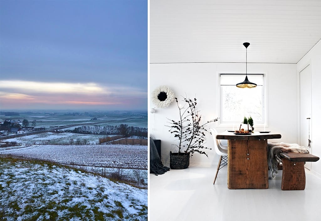 vinterlandskap og minimalistisk pyntet julehjem
