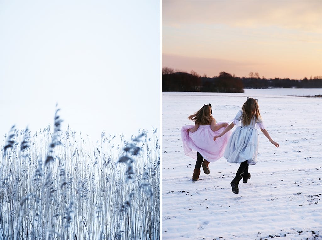 Vinterstemning og barn som løper i snøen