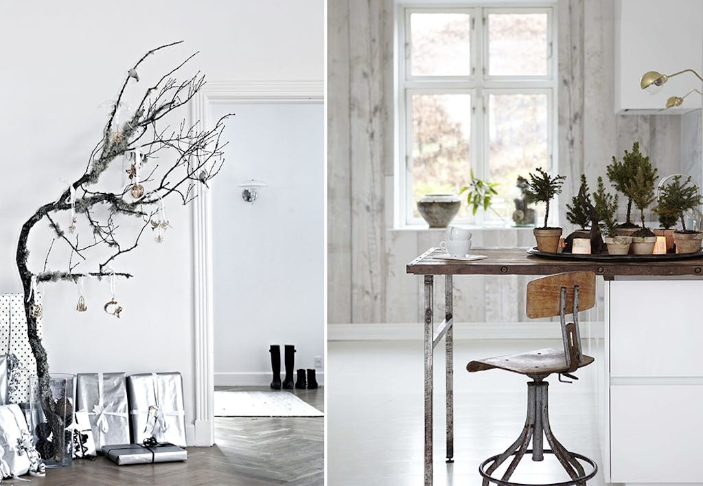 Alternative juletrær, enkel kvist i vase og samling av småtrær i potter