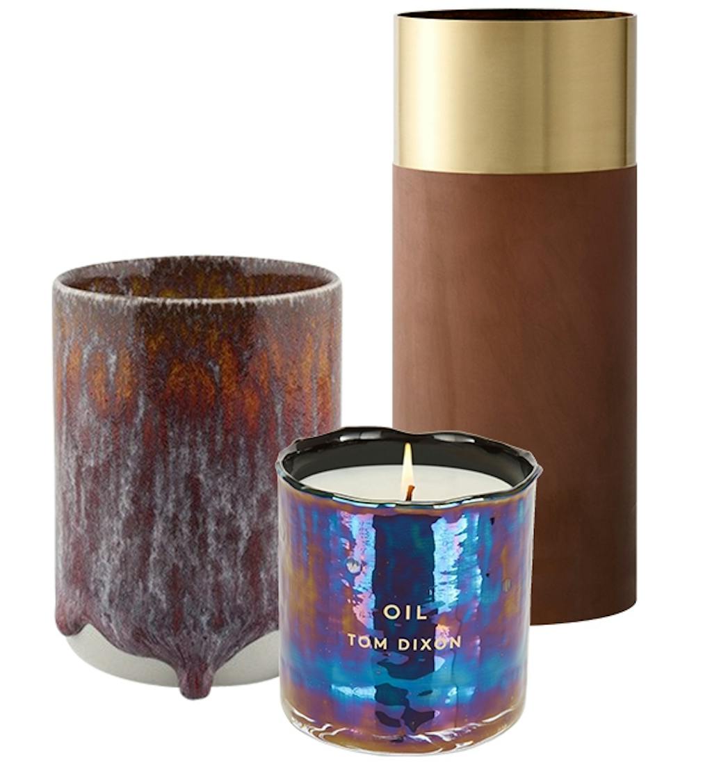 Diverse vaser i jordfarger og duftlys fra Tom Dixon