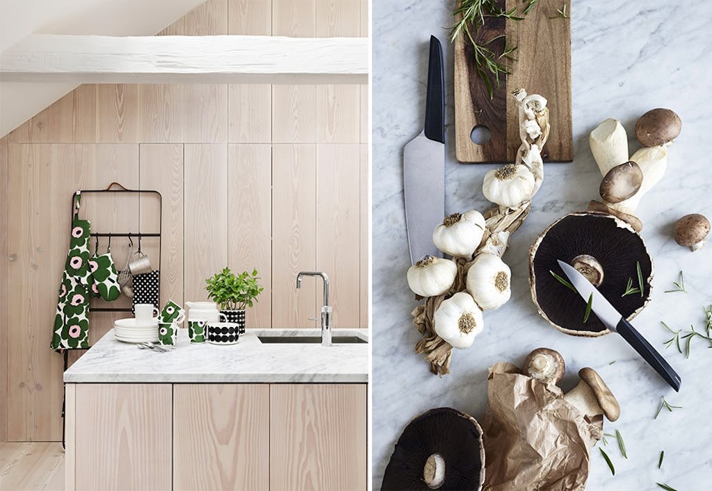 servise i grønt og rosa fra Marimekko og kniver fra Rosendahl