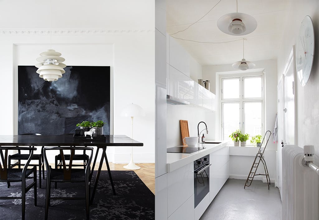 Bolig med svart-hvitt interiør. Her bor David Andersen, kreativ direktør for Rosendahl.