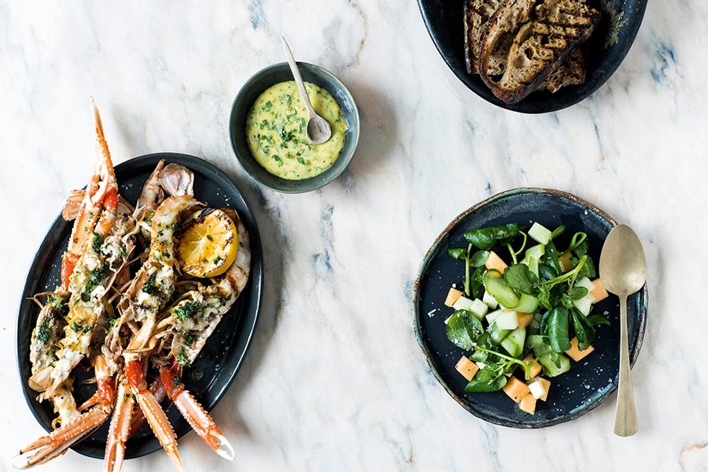 Grillede jomfruhummere melonsalat estragon-aioli