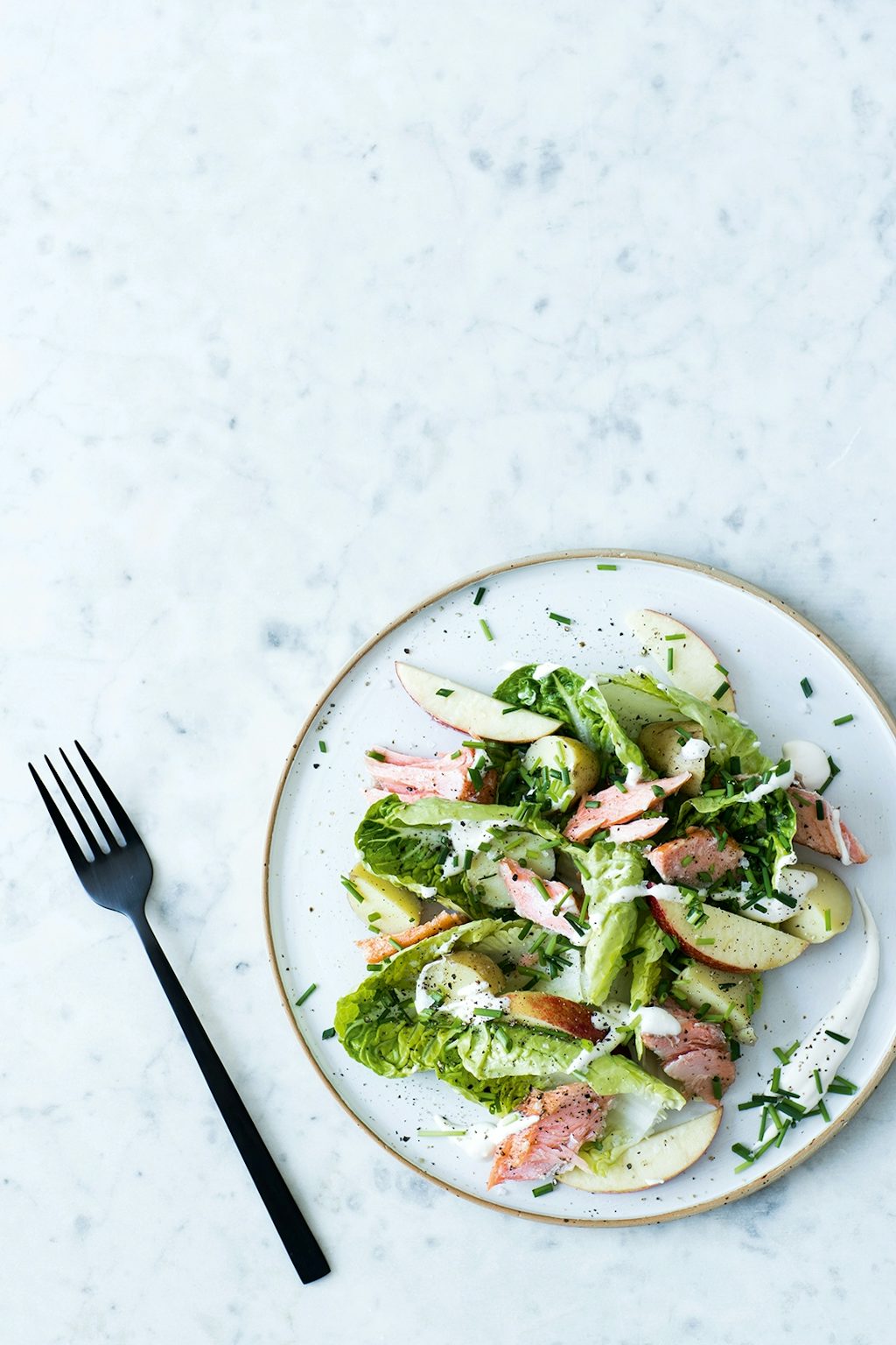 sproed-foraarssalat-med-laks Sprød sommersalat med laks, nye kartofler og mormordressing