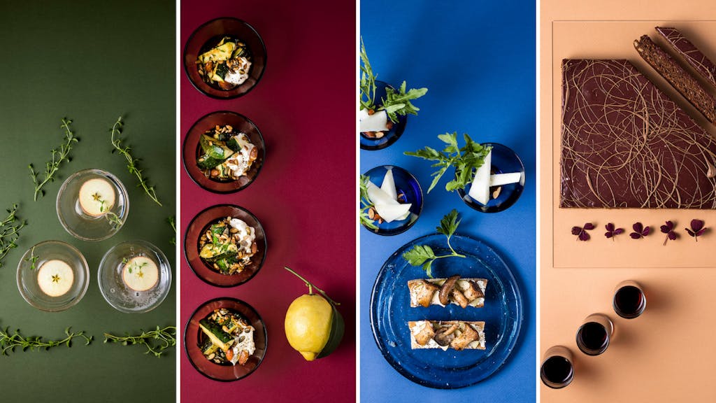 Lækker menu bestående af en drink, fire små retter og en lækker kage.