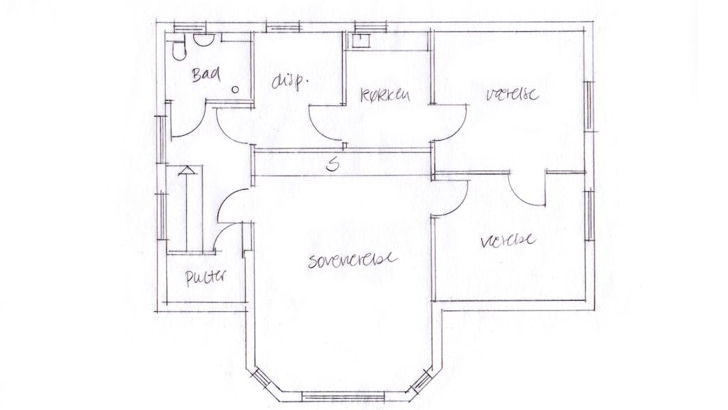 Tegning af førstesalen før indretningsekspertens forslag