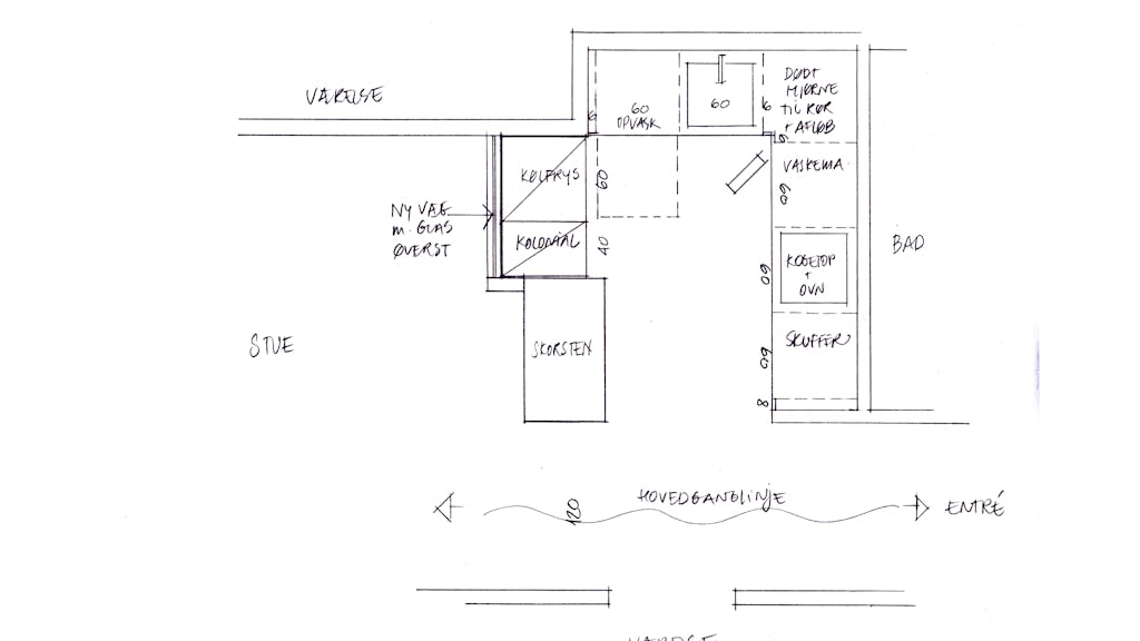 Indretningsekspertens forslag: Tegning af indretning i køkkenet