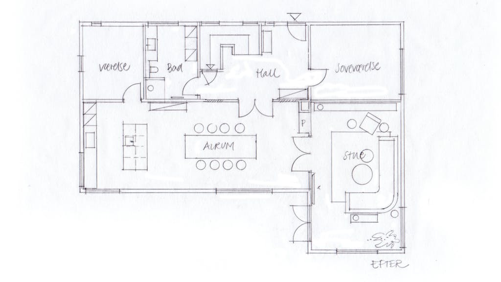 Indretningsekspertens forslag til en ny plantegning med fuld udnyttelse af den gode plads