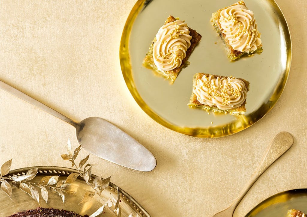 Pistaciemazarin med dulcey-chokolade-creme