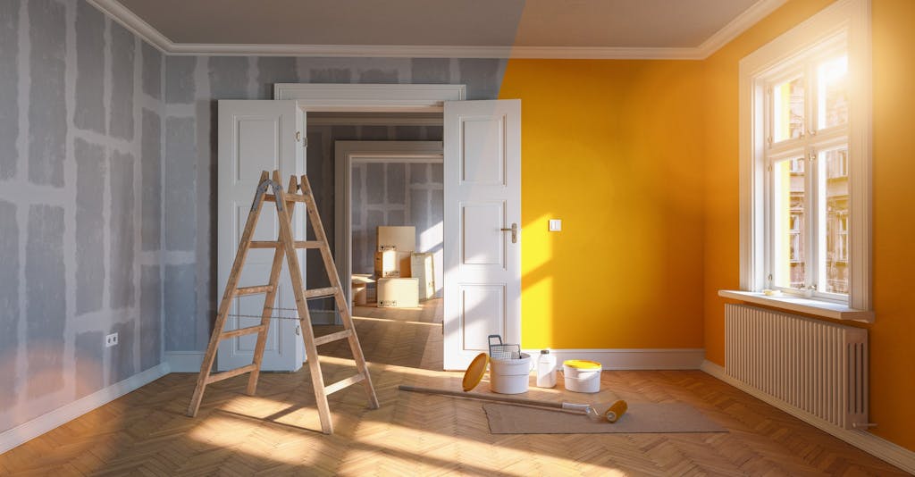 Painting wall yellow in room before and after restoration or refurbishment