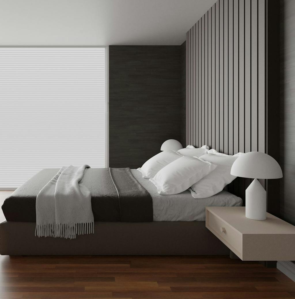 Bedroom interior design ,The room have bed and large window, min