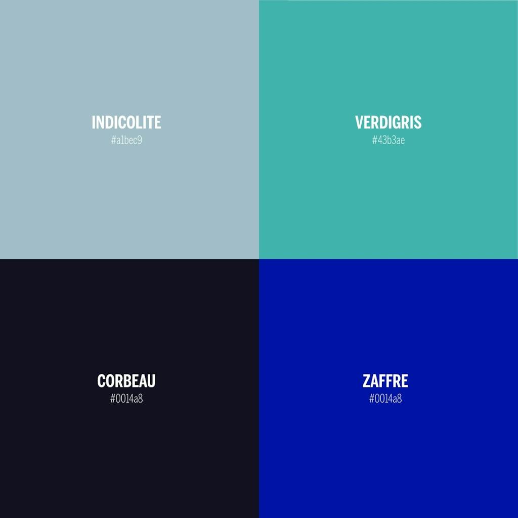 Farvekort med farverne indicolite, verdigris, corbeau og zaffre