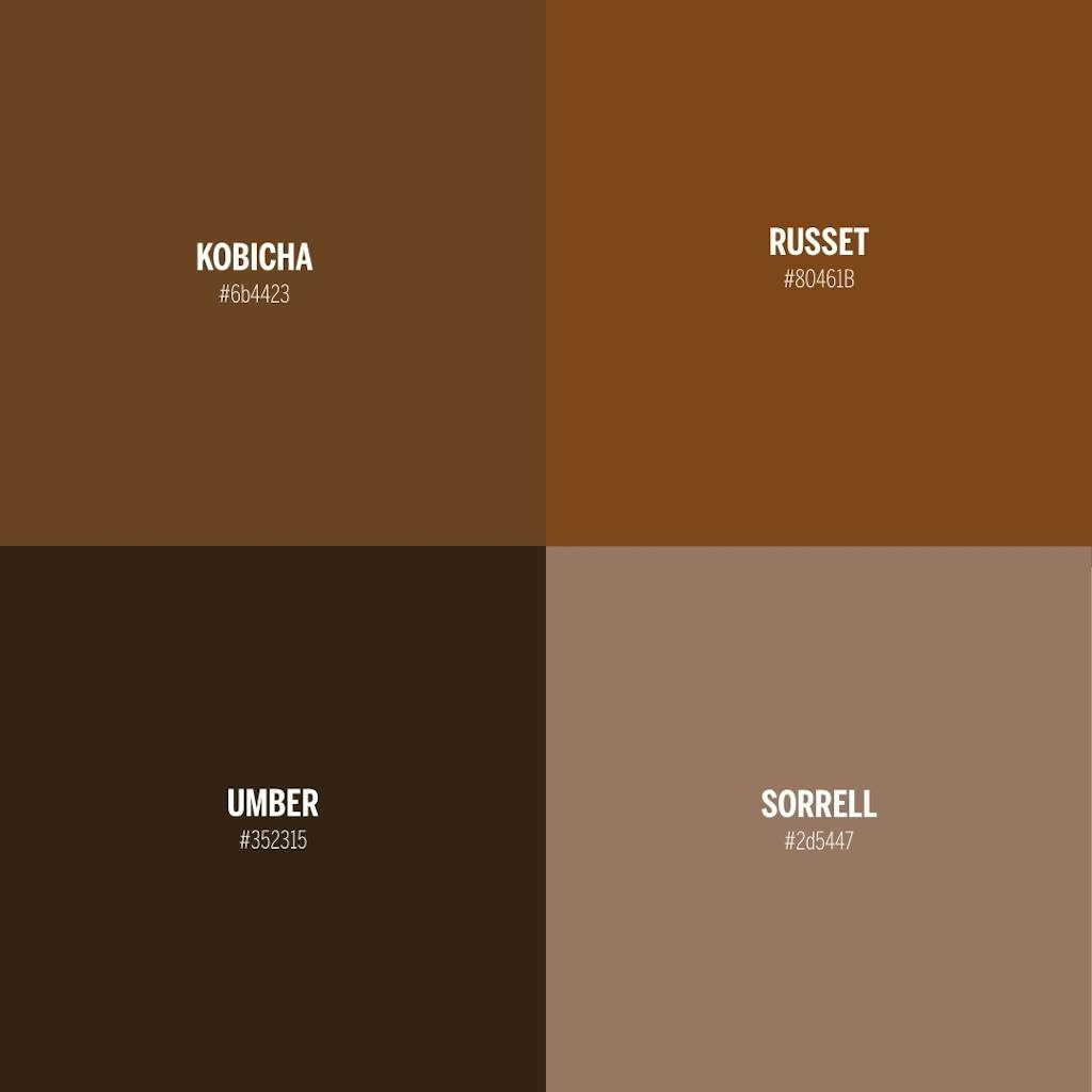Farvekort med farverne kobicha, russet, umber og sorrell