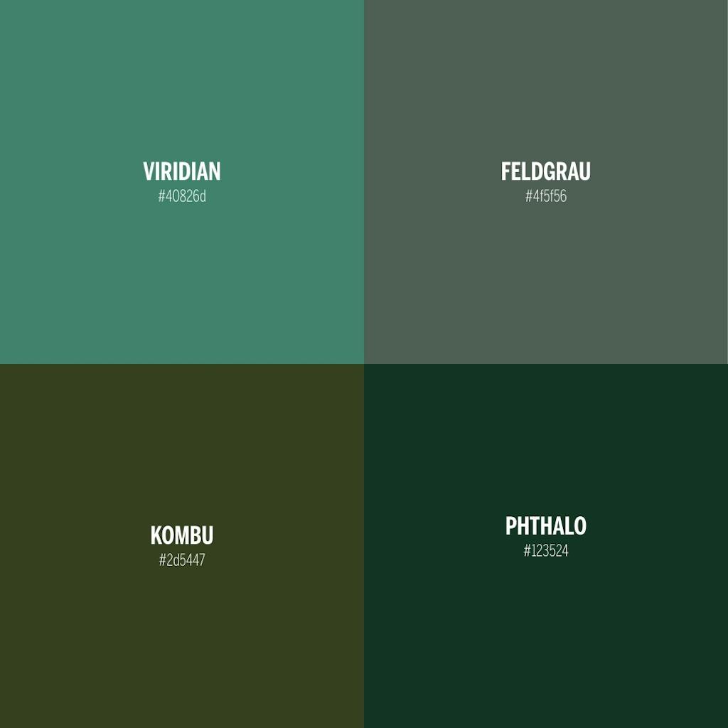 Farvekort med farverne viridian, feldgrau, kombu og phthalo