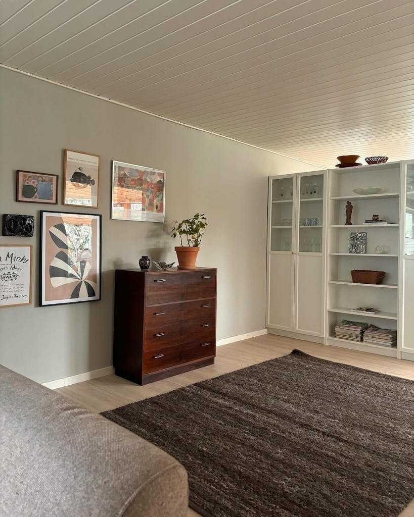 Stue delt med bokhylle