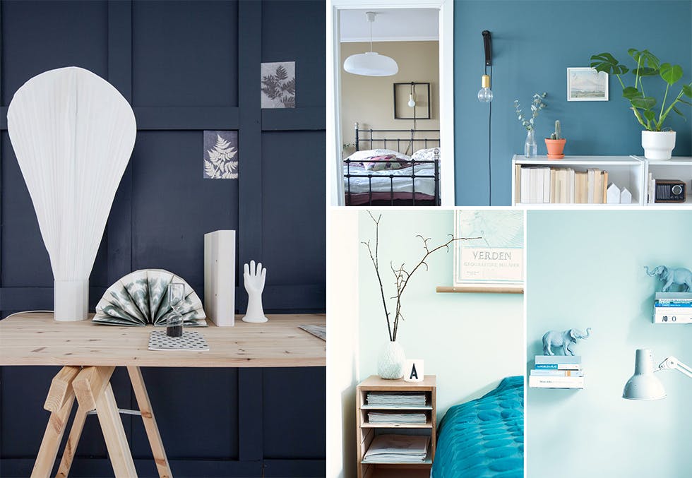 Forskjellige blånyanser på vegger, interiør blå farger