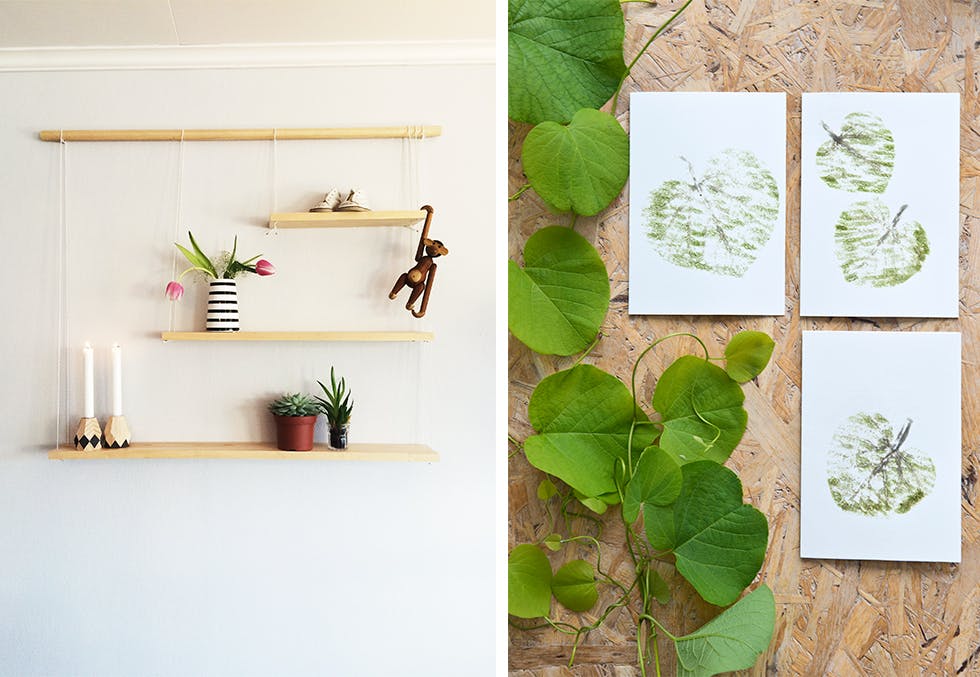 Enkle vegghyller og stilige bladtrykk