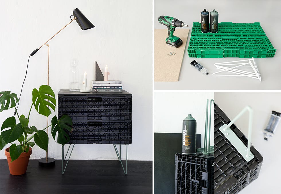 DIY: lage bord av grønne plastkasser med spraymaling, mdf-plate og bein