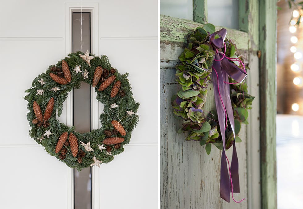 Selvlaget julekrans til døren, med granbar og eukalyptus