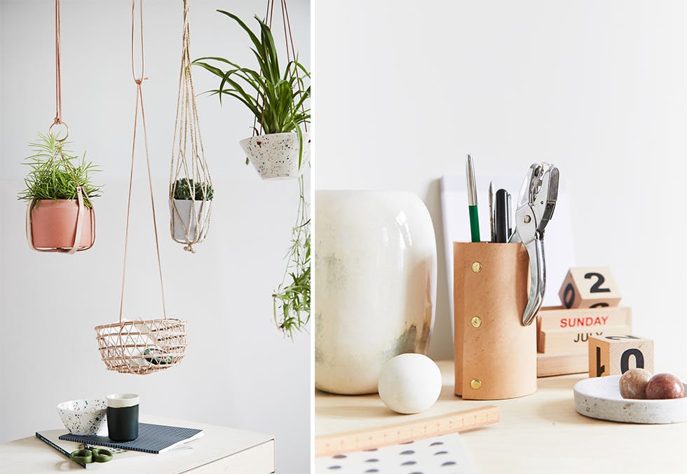 DIY-prosjekter laget med lær, planteampell og penneholder