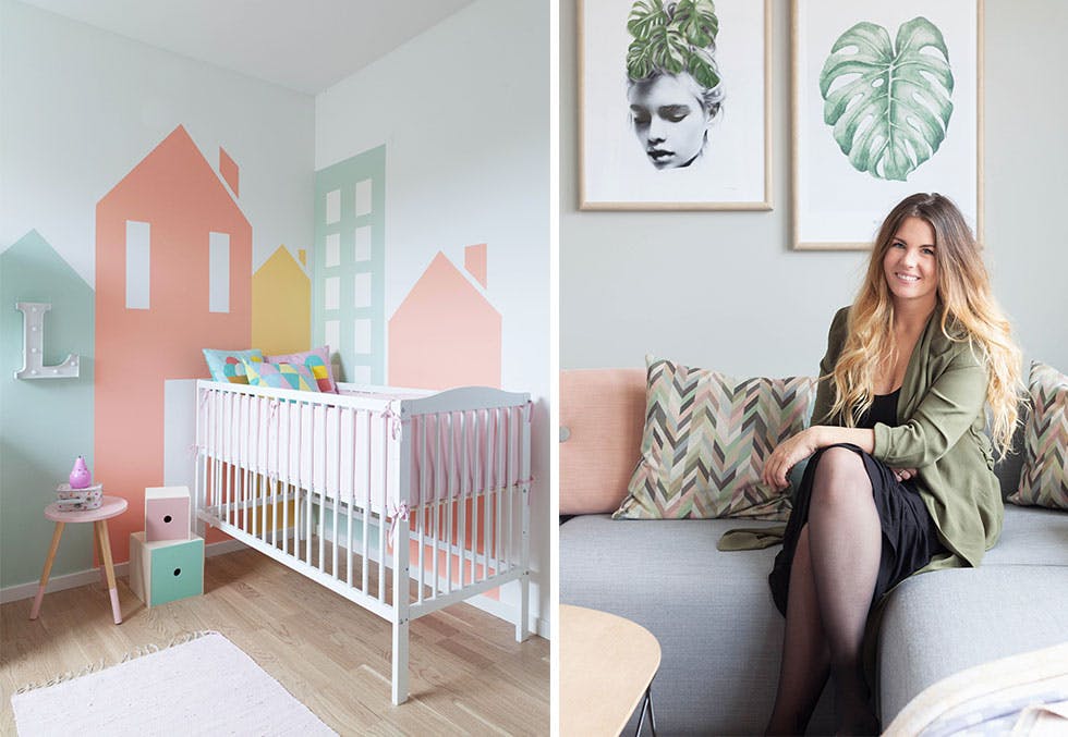 Wallart i pastellfarger og pastellfarger i stue