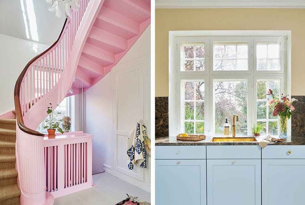 blått kjøkken rosa trapp