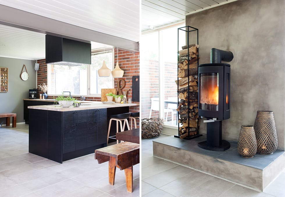 Mursteinshus med moderne peisovn