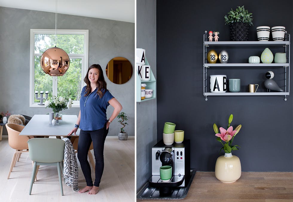Nordisk interiør med spenstig fargebruk hjemme hos Kristine Holberg ved Mjøsa