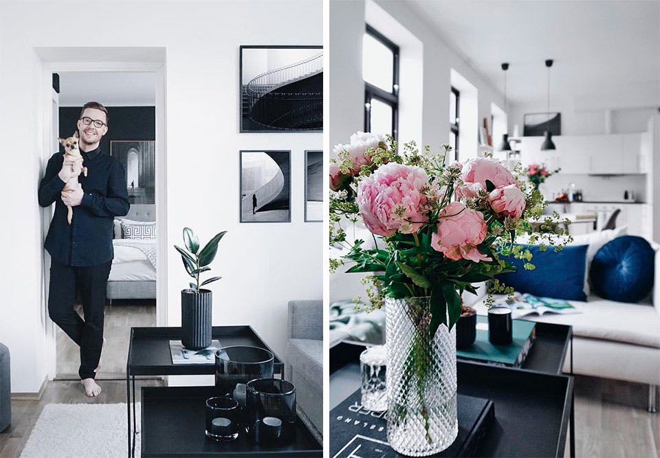 Stue med friske blomster