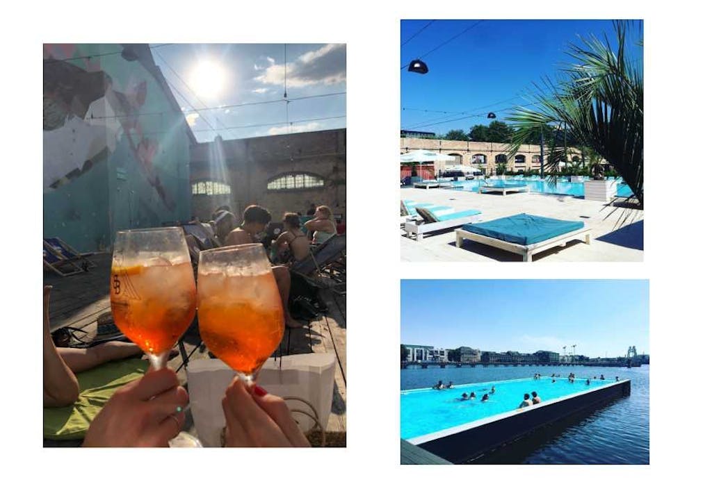 Øverst til venstre: Haubentaucher Berlin. Nederst til venstre: Badeschiff