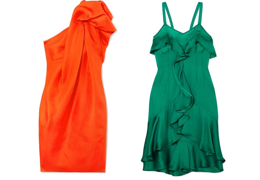 Oransje kjole fra Lanvin. Grønn kjole fra Saint Laurent.