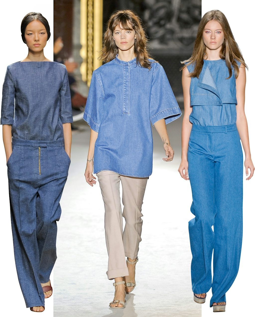 Vide bukser, enkle bluser og tunikakjoler. Denim har ikke forladt catwalken. Fra venstre: Céline, Stella McCartney og Derek Lam. Vide bukser, enkle bluser og tunikakjoler. Denim har ikke forladt catwalken. Fra venstre: Céline, Stella McCartney og Derek Lam.